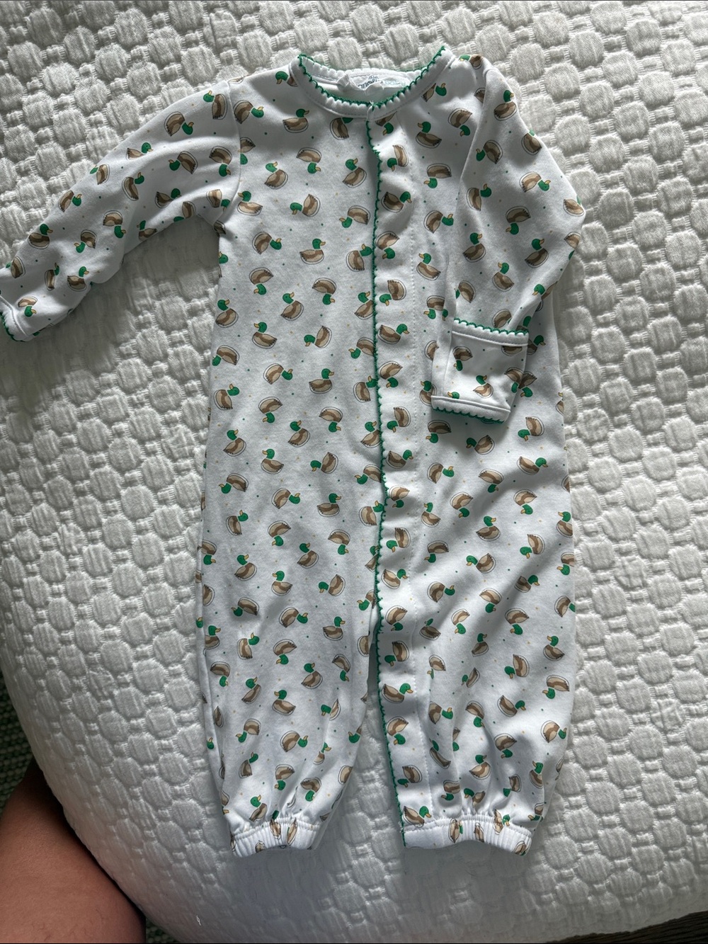 Magnolia Baby White Sleeper with Green Trim and Duck Print